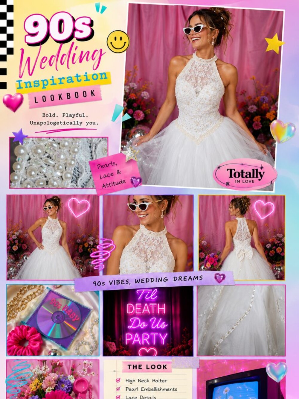 Vintage 90's Pearl Racer Halter Tulle Ballgown Wedding Dress  - Mori Lee